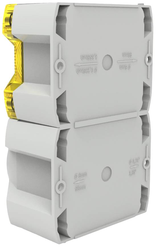 Un blocco morsetti elettrico grigio con dettaglio giallo, composto da due unità sovrapposte, in vista laterale.