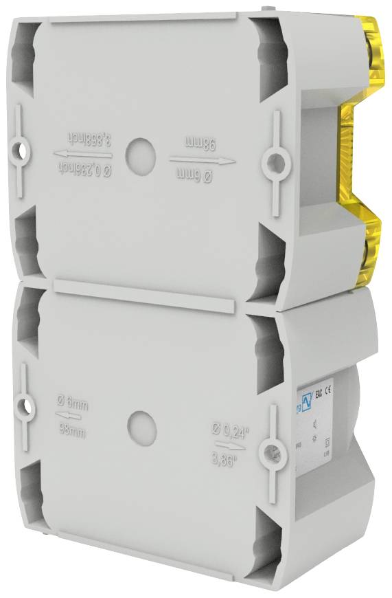 Un dispositivo elettronico grigio, impilabile, con pagine gialle, utilizzato per il montaggio su guida DIN in armadi elettrici.