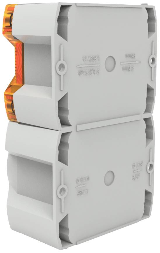 Un quadro elettrico grigio, rettangolare, con dettagli arancioni, probabilmente parte di un sistema di installazione più ampio.