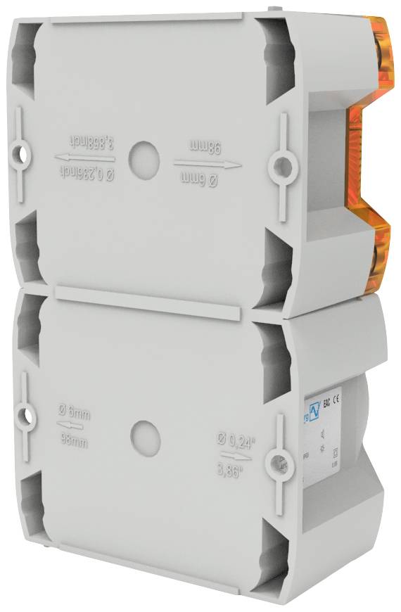 Custodia grigio-arancione con etichettatura e supporti. Dispositivo elettronico, probabilmente per montaggio. Nessun altro dettaglio riconoscibile.