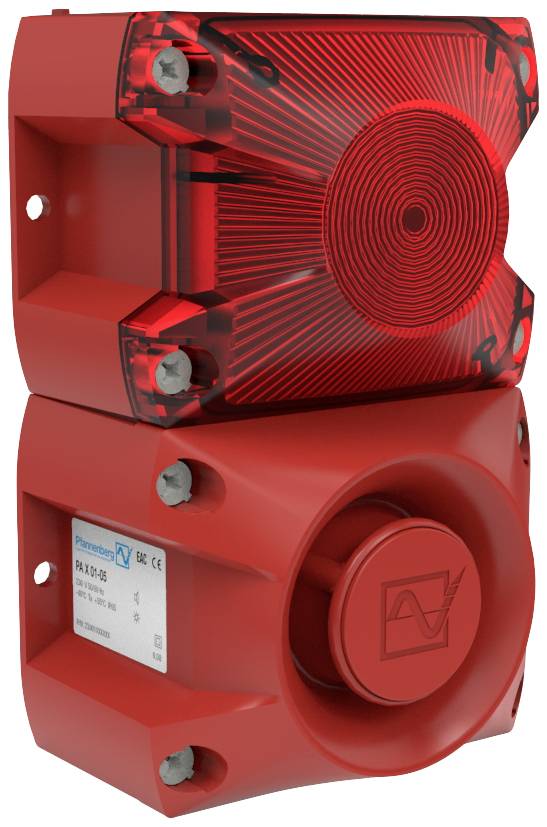 Sistema di allarme rosso montato a parete, con una luce in alto e un altoparlante in basso, contrassegnato con dettagli tecnici sul lato.