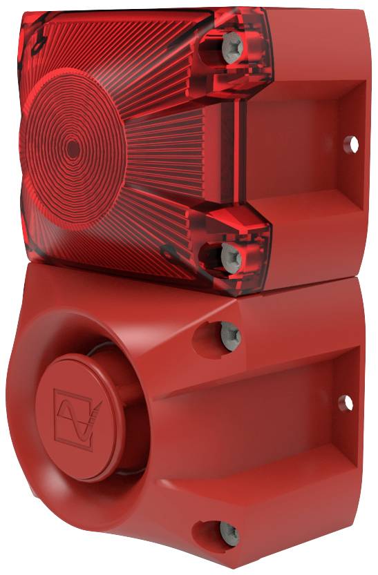 Un segnalatore di allarme antincendio rosso con altoparlante e luce lampeggiante, montato su una parete, serve ad avvisare di situazioni di emergenza.