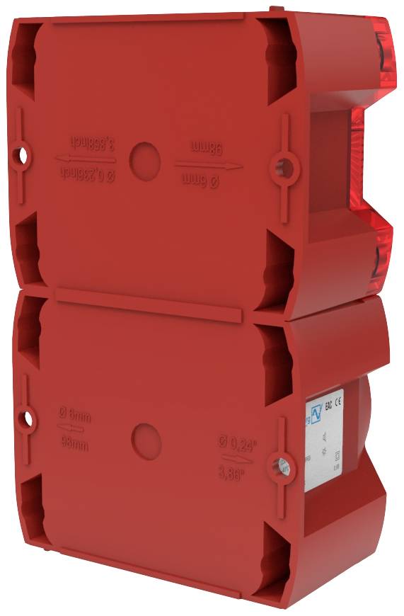 Scatola rossa, rettangolare per installazioni elettriche, con fori per viti negli angoli per il fissaggio.