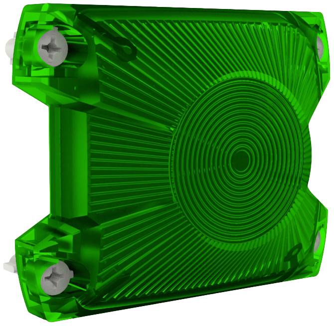 Parte in plastica verde, rettangolare, con motivi circolari e viti negli angoli, probabilmente un componente tecnico.