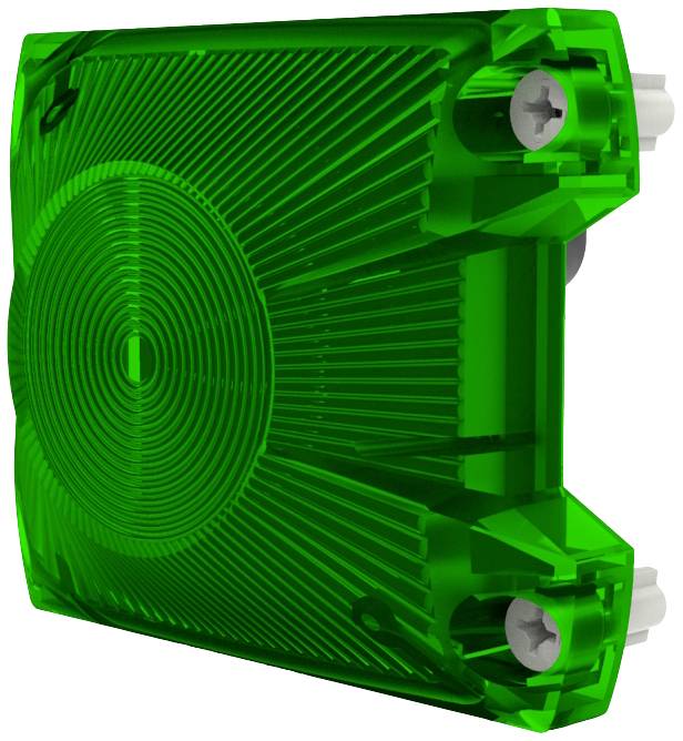 Oggetto in plastica verde trasparente con motivo circolare e fissaggi a vite agli angoli.