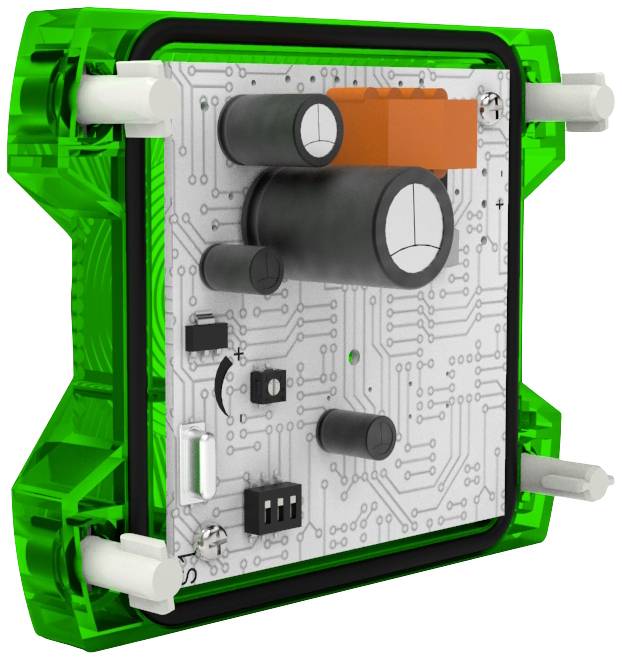 Circuito elettronico con supporto verde, cilindri neri e componente arancione. Sullo sfondo si intravede un pattern di circuito.