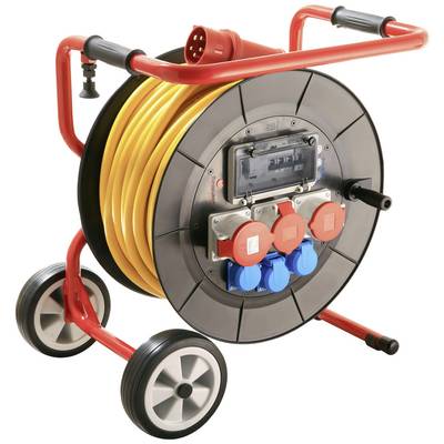 Un carrello porta bobina mobile con cavo di prolunga giallo, prese elettriche e maniglie su due ruote, utile per l'alimentazione elettrica durante gli spostamenti.