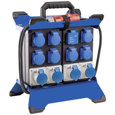 Distributore di corrente portatile blu con multiple prese e impugnatura, adatto per l'uso in cantieri o grandi eventi.