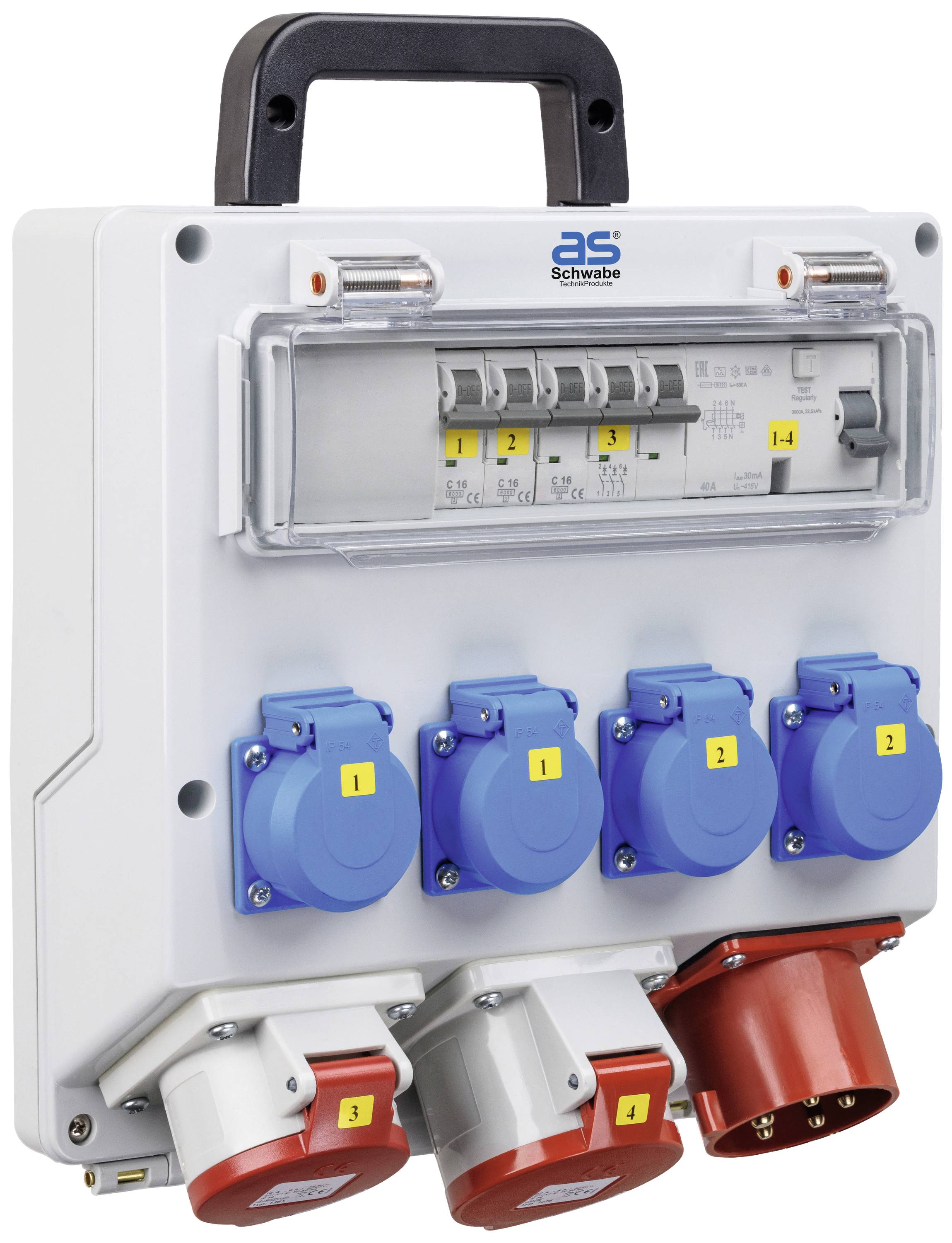 'Sistema mobile di distribuzione elettrica con interruttori di protezione e prese a colori codificati, idoneo per utilizzo in cantieri o manifestazioni.'