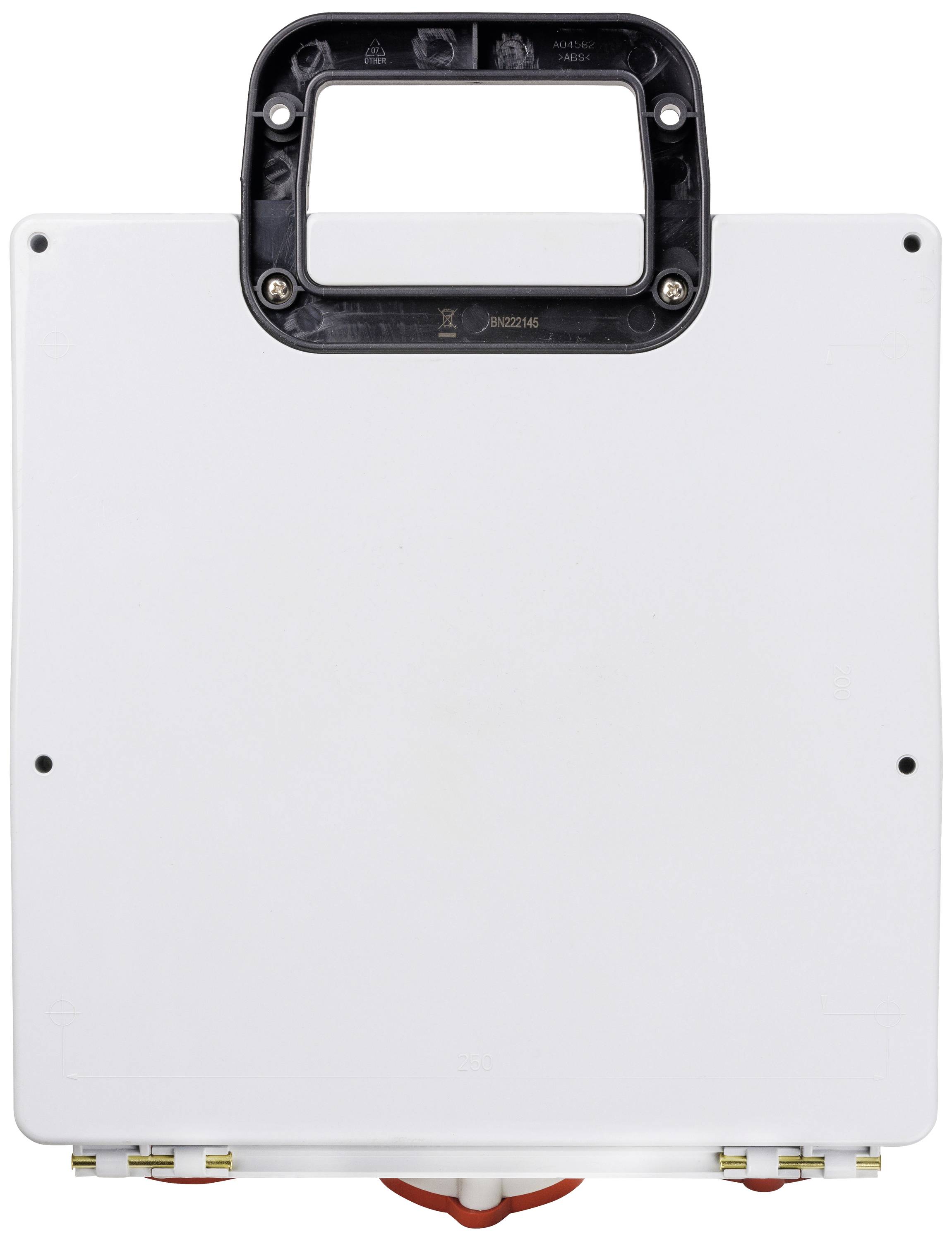 Dispositivo bianco rettangolare con impugnatura nera sulla parte superiore, quattro prese elettriche visibili sulla parte inferiore.