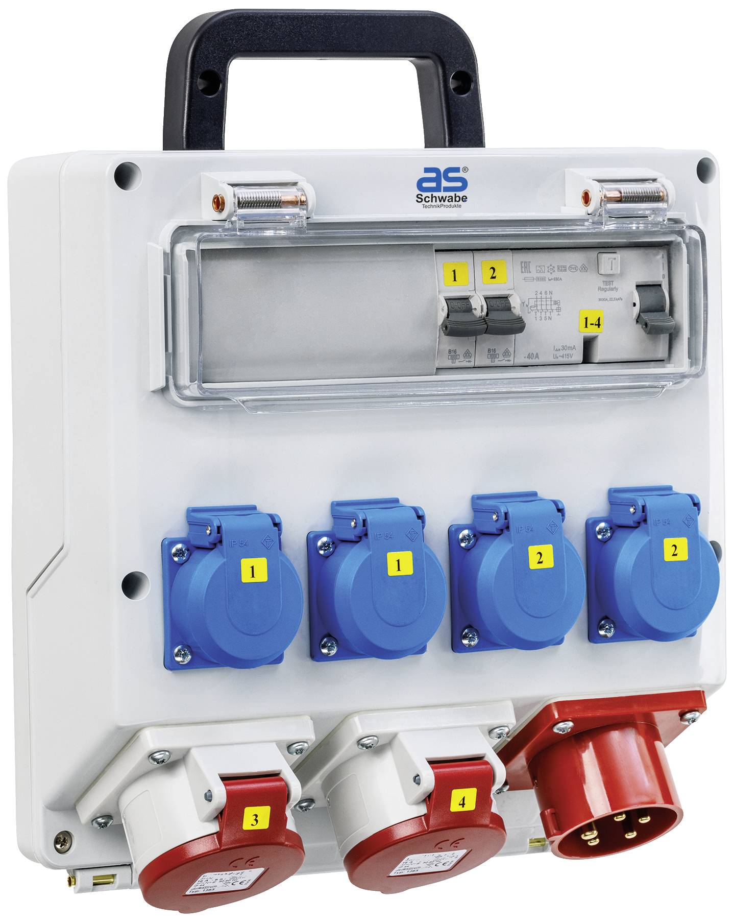 Quadro elettrico con diverse prese blu e rosse numerate. Impugnatura nera superiore, adatto per cantieri.