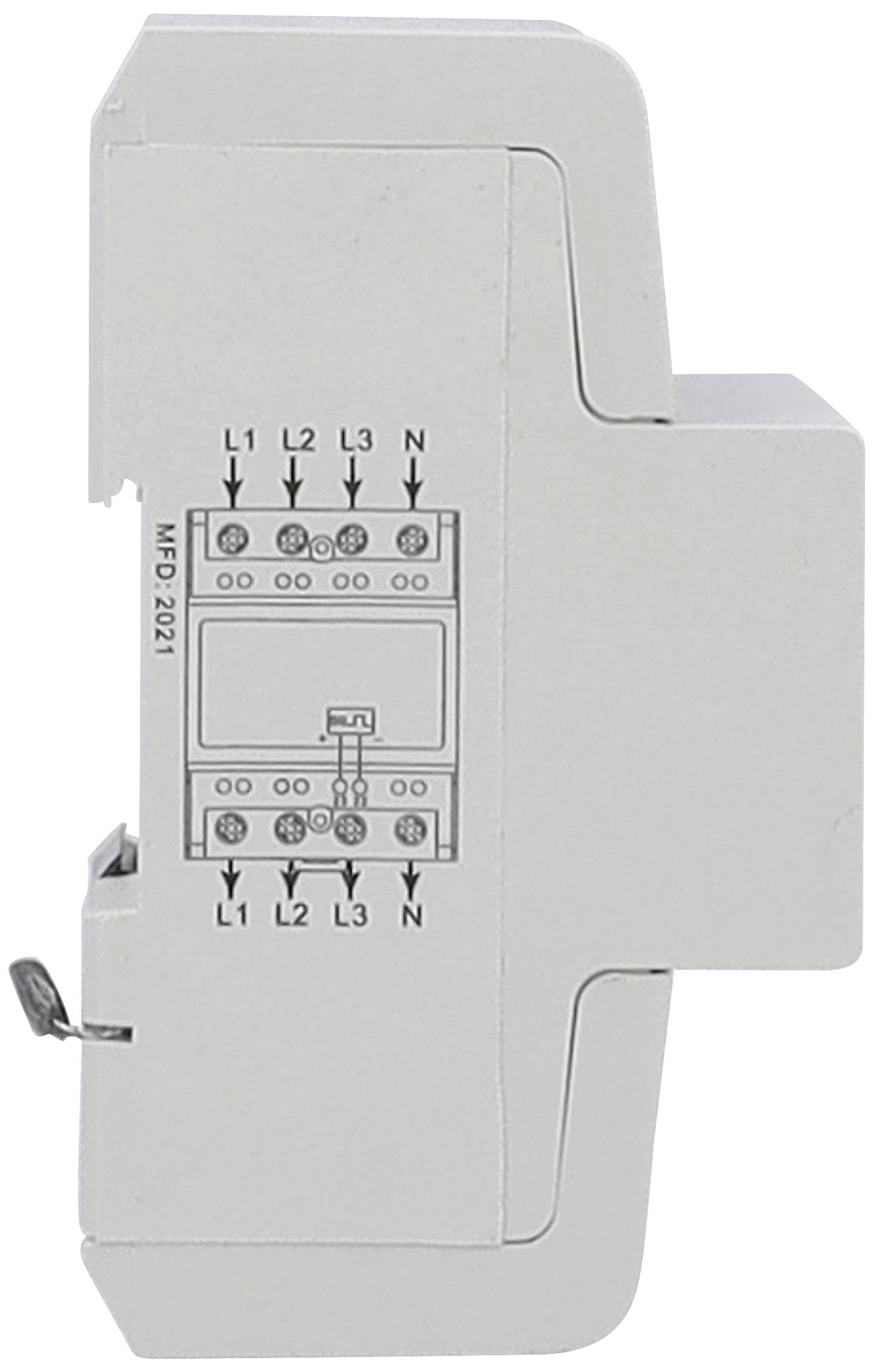 Involucro grigio con diagramma di cablaggio elettrico. Connettori in alto L1, L2, L3, N. Testo 'MFD 2201'.