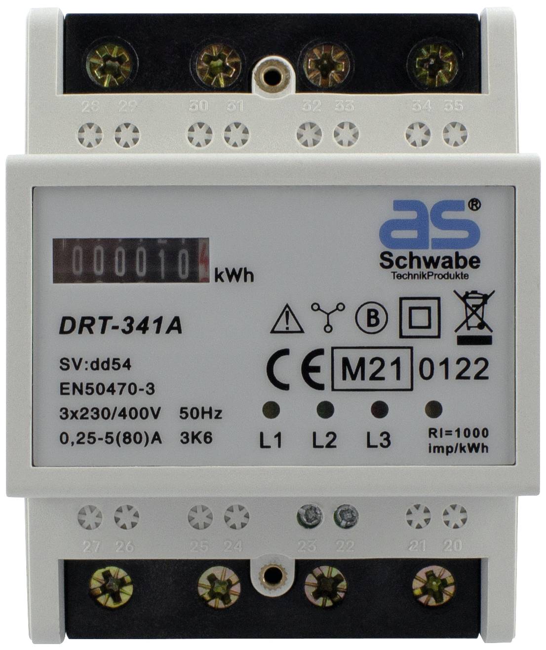 Contatore elettrico con display digitale che mostra '000010' kWh. Marcature: 'DRT-341A', '3x230/400V', '50Hz'. Connessioni per L1, L2, L3 visibili.