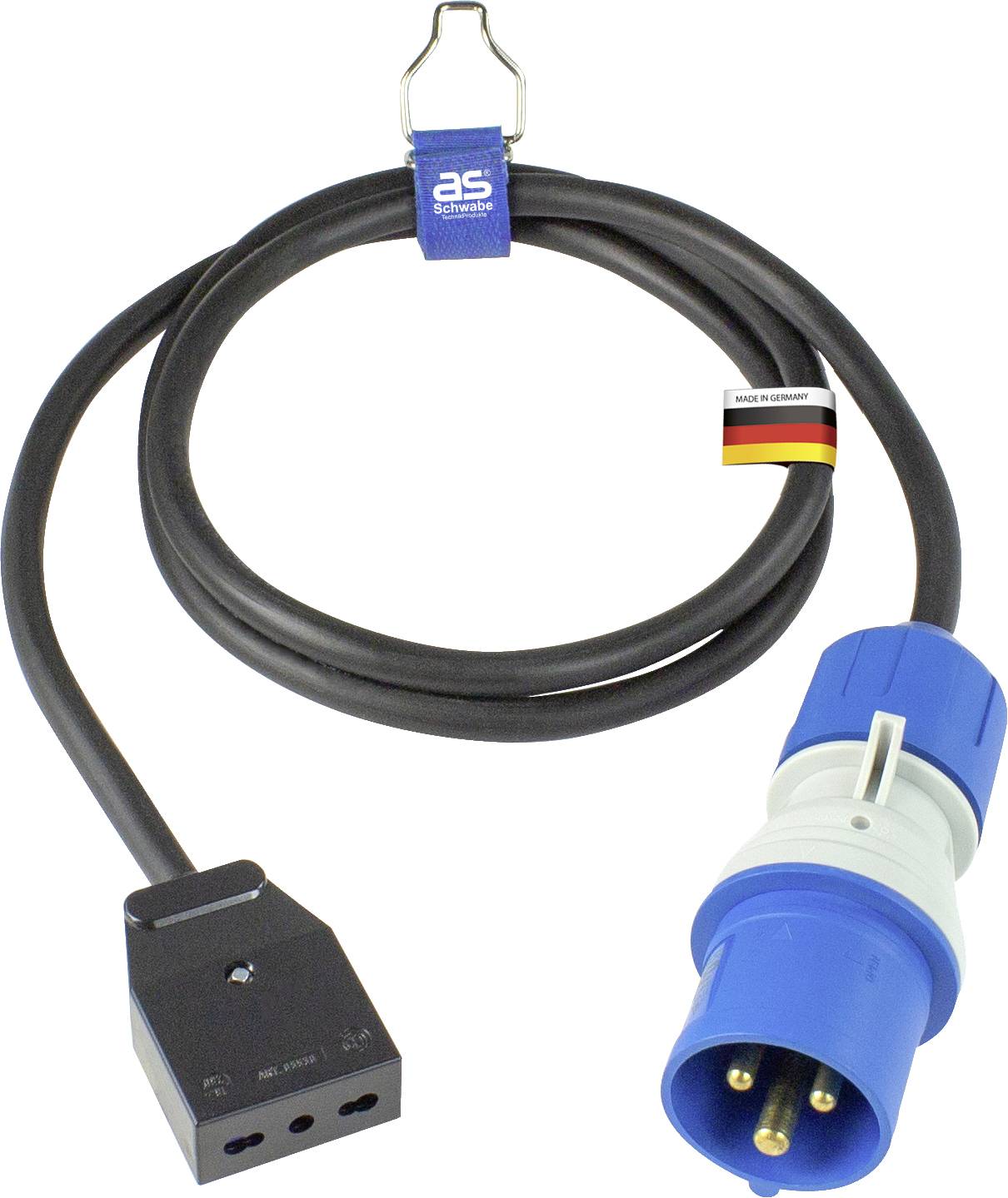 Un cavo elettrico con un connettore tripolare blu sul lato destro e un connettore rettangolare nero sul lato sinistro.