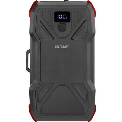 Dispositivo powerbank nero con display digitale che mostra '100%'. Design robusto con accenti rossi, adatto all'uso esterno.