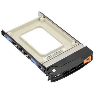 Un alloggiamento vuoto per unità NVMe con un ritenitore nero e un pulsante di sblocco arancione, con supporti laterali visibili.