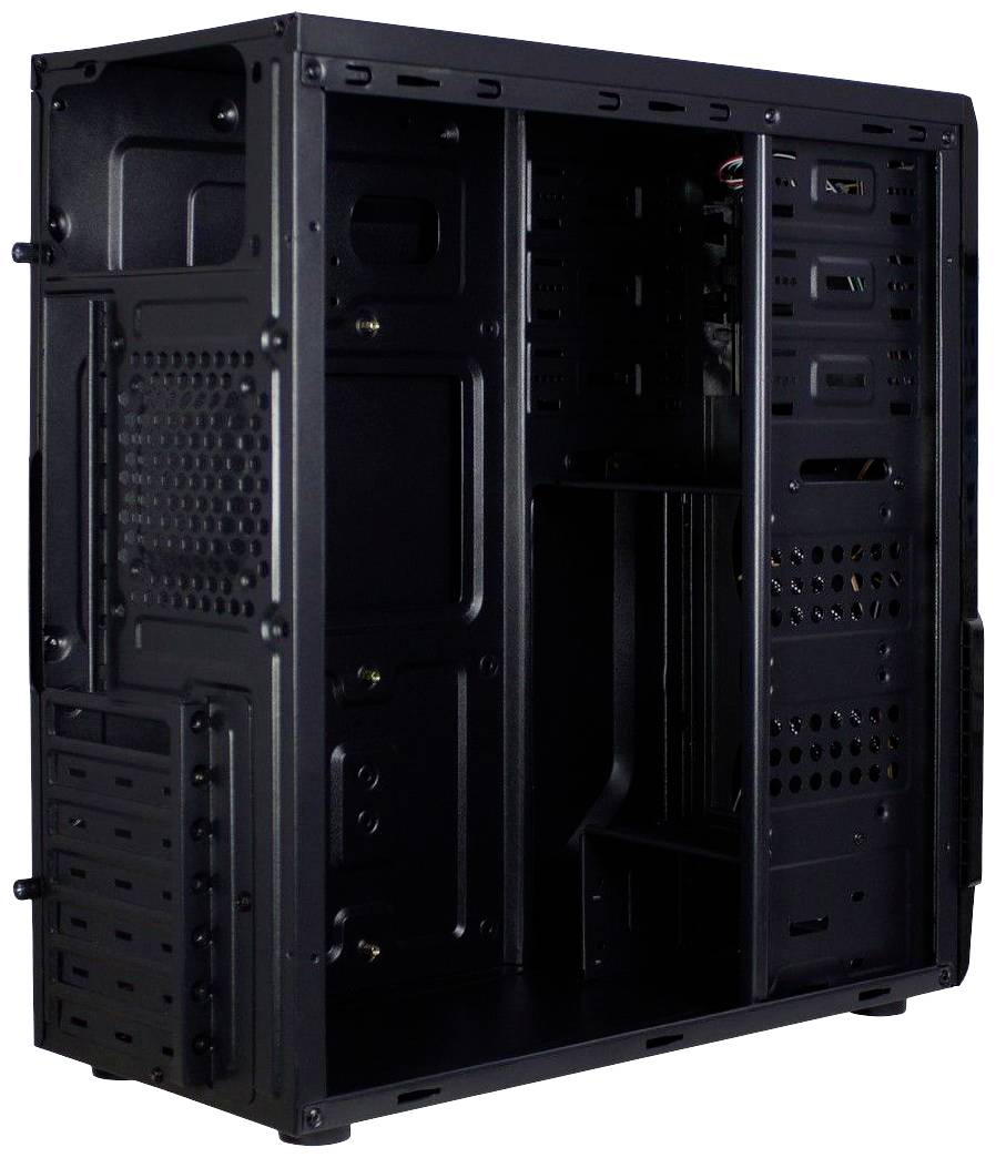 Un case nero per computer senza componenti, mostra lo spazio interno vuoto con vani e fessure di ventilazione.