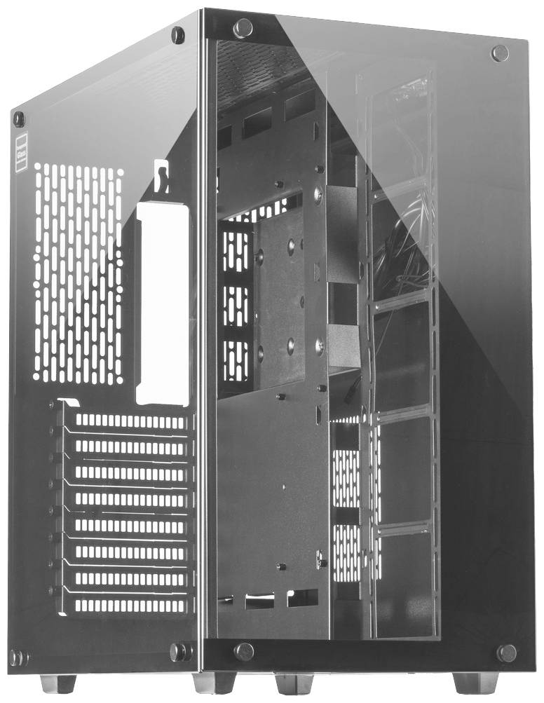 Case per computer nero con parete laterale trasparente sul lato destro, che mostra la disposizione interna dei componenti e le fessure di ventilazione.