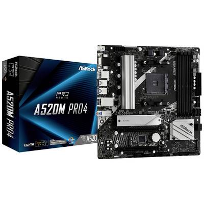 Scheda madre 'ASRock A520M Pro4' con confezione, mostra connettori e design del layout. Adatta per processori AMD, offre slot HDMI e PCIe.