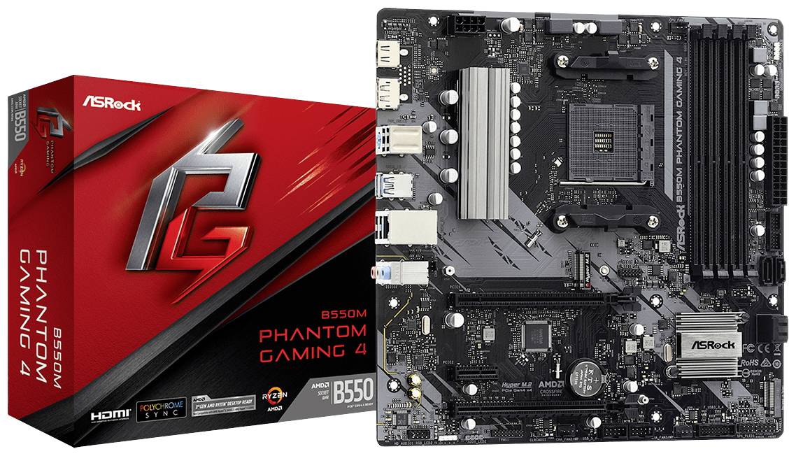 Scheda madre ASRock B550M Phantom Gaming 4 accanto alla confezione, adatta per PC da gaming, con multiple opzioni di connettività e design nero.