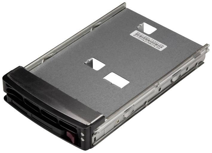Telaio metallico per hard disk con bordi in plastica nera, utilizzato per il montaggio sicuro degli hard disk nei sistemi informatici.