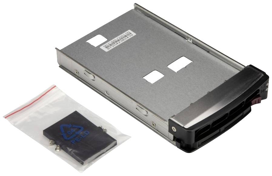 Telaio metallico per l'installazione di hard disk e set di accessori con viti in un sacchetto di plastica su sfondo bianco.