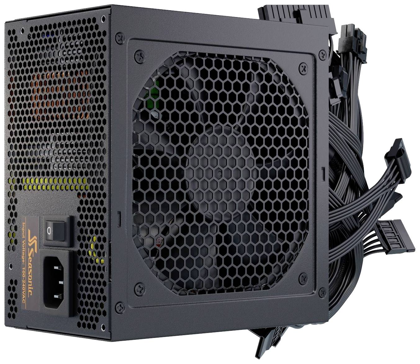 Alimentatore nero per PC con ventola e cavi. Adatto per l'alimentazione elettrica del computer con multiple opzioni di connessione.