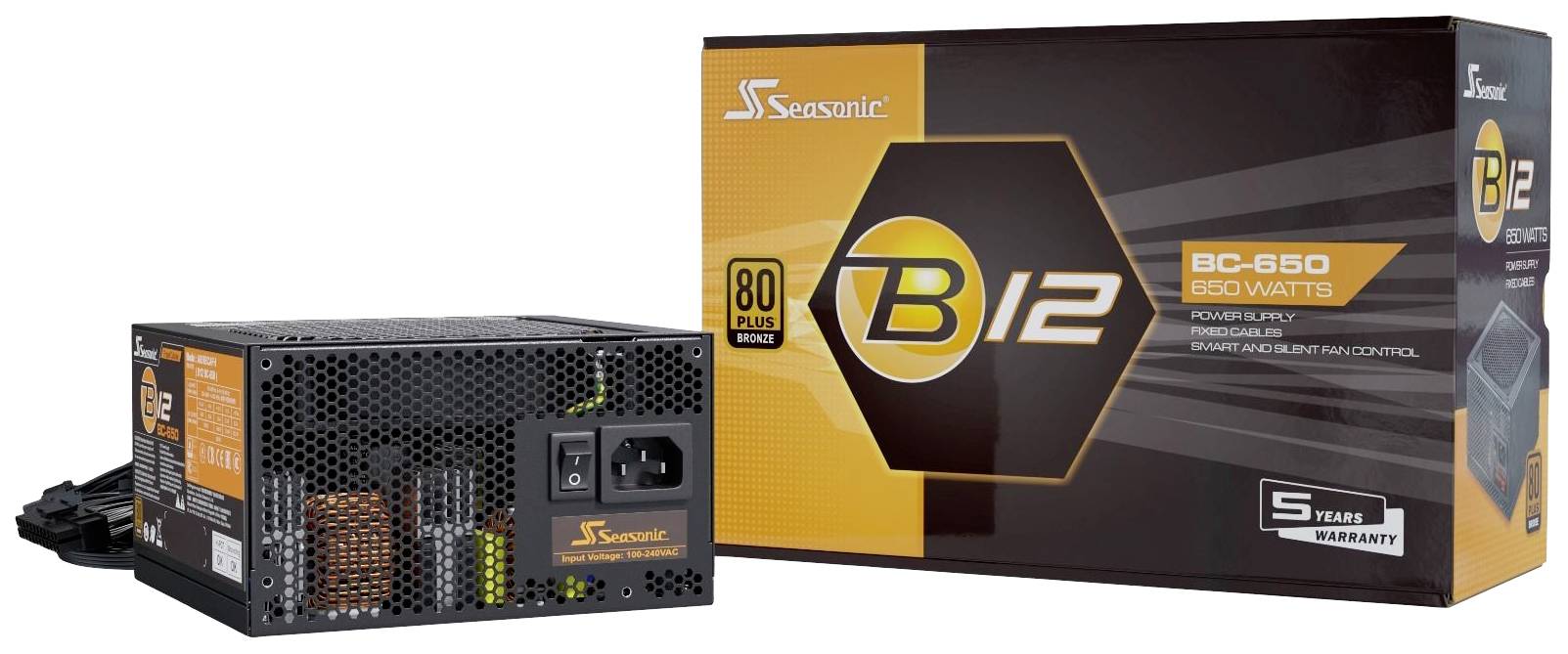 'Seasonic B12 BC-650 80 Plus Bronze Alimentatore con cinque anni di garanzia.' Alimentatore e confezione con logo e specifiche tecniche del prodotto.