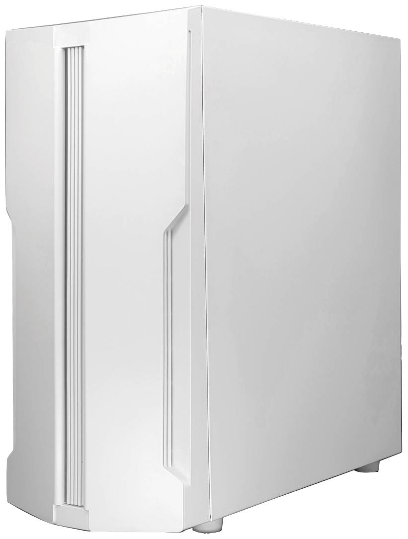Un case per computer bianco dal design minimalista con fessure di ventilazione verticali sul lato frontale.