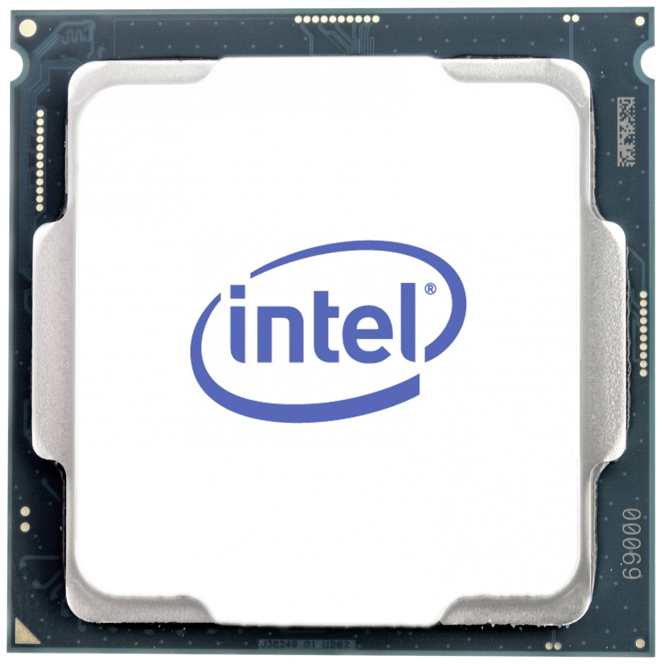 Un processore per computer con il logo 'Intel' al centro, forma quadrata e tipica struttura di un chip.