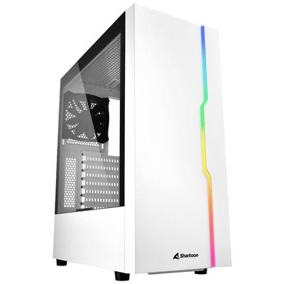 Case per computer bianco di Sharkoon con finestra laterale trasparente e striscia RGB colorata sul frontale.