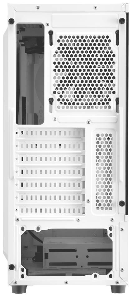 Il retro di un case per computer bianco con multiple fessure di ventilazione, slot PCI e un'area per il montaggio dell'alimentatore.