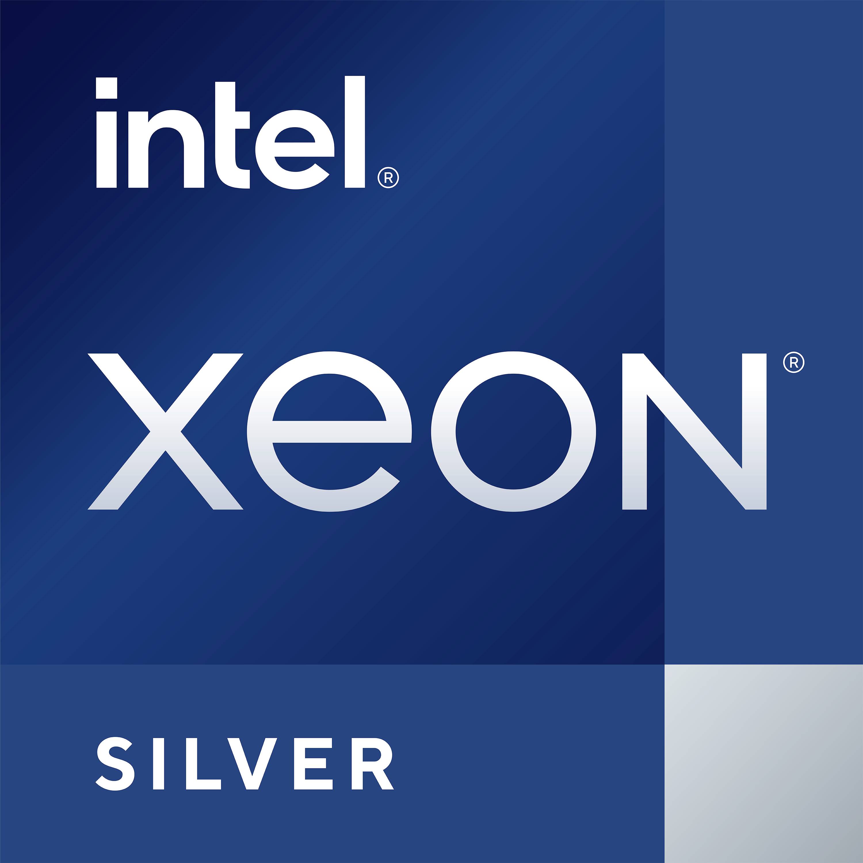 Logo del processore Intel Xeon Silver su sfondo blu con scritta in argento.