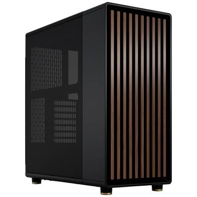 Custodia per computer nera con pannello laterale in vetro e lamelle frontali in legno. Adatta per appassionati di PC e amanti della tecnologia.