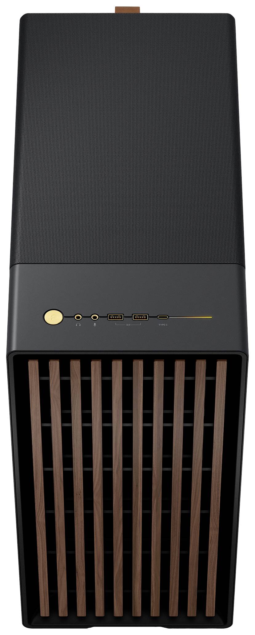 Un altoparlante nero e oro con rivestimento in legno sul davanti; design moderno e slanciato.