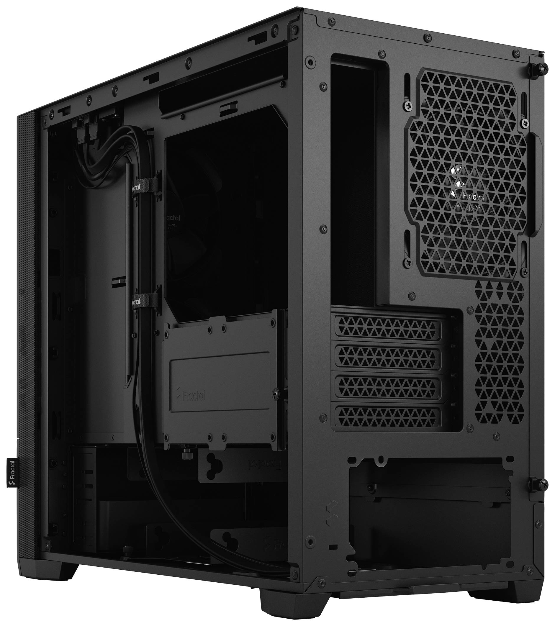 Custodia per PC vuota di colore nero con lato aperto, mostra fessure di ventilazione e slot, idonea all'installazione di componenti per computer.