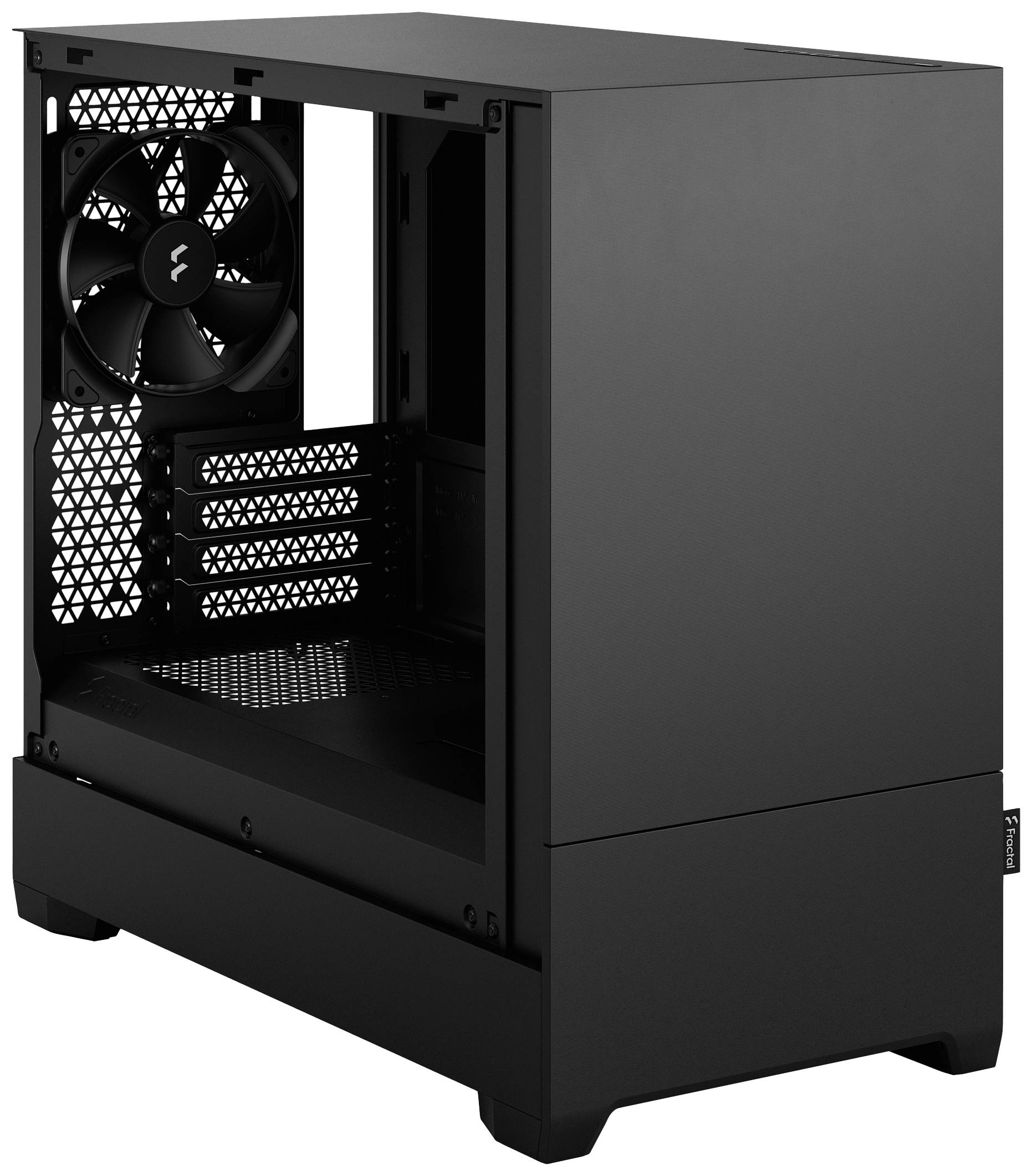 Case per computer nero con finestra laterale trasparente, interno esposto e un ventilatore integrato nella zona posteriore.