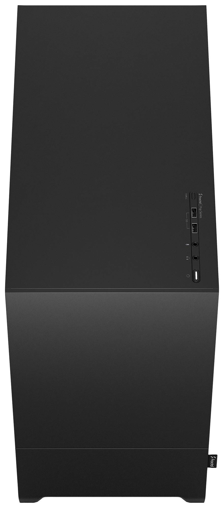 Un tower PC nero con porte USB e jack audio sul lato destro. Design minimalista.
