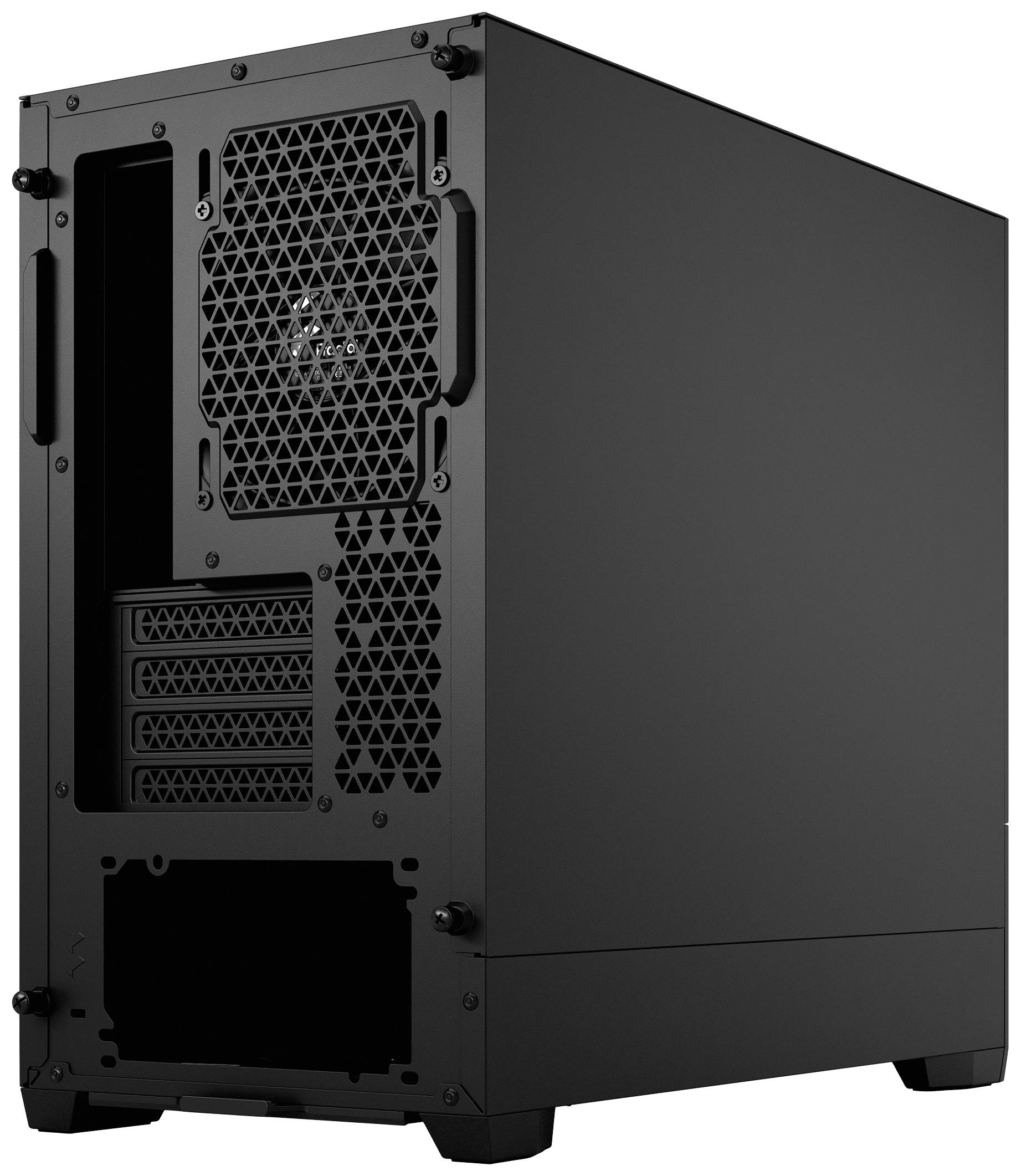 Un case nero per computer visto da dietro, privo di componenti installate. Sono visibili le griglie di ventilazione e lo spazio per le schede di espansione.