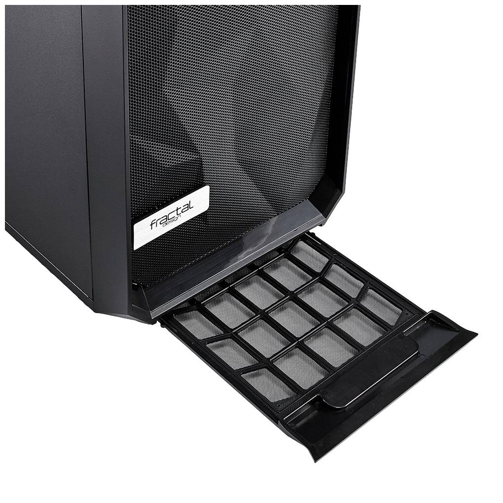 Un case per computer nero con coperchio frontale rimosso per mostrare il filtro antipolvere interno di Fractal.