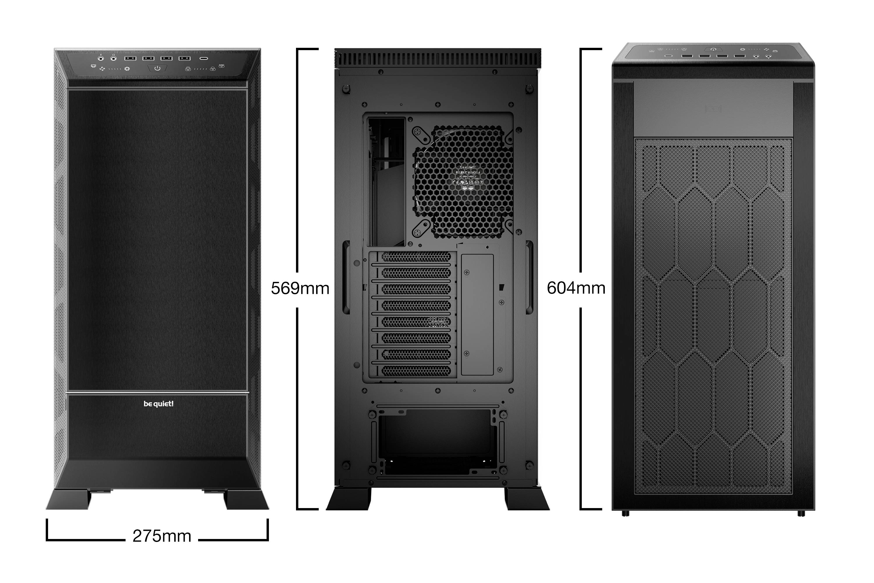 Case per PC con dimensioni: 275 mm di larghezza, 569 mm di altezza, 604 mm di profondità. La vista frontale mostra le griglie di ventilazione, la vista posteriore le possibilità di connessione.