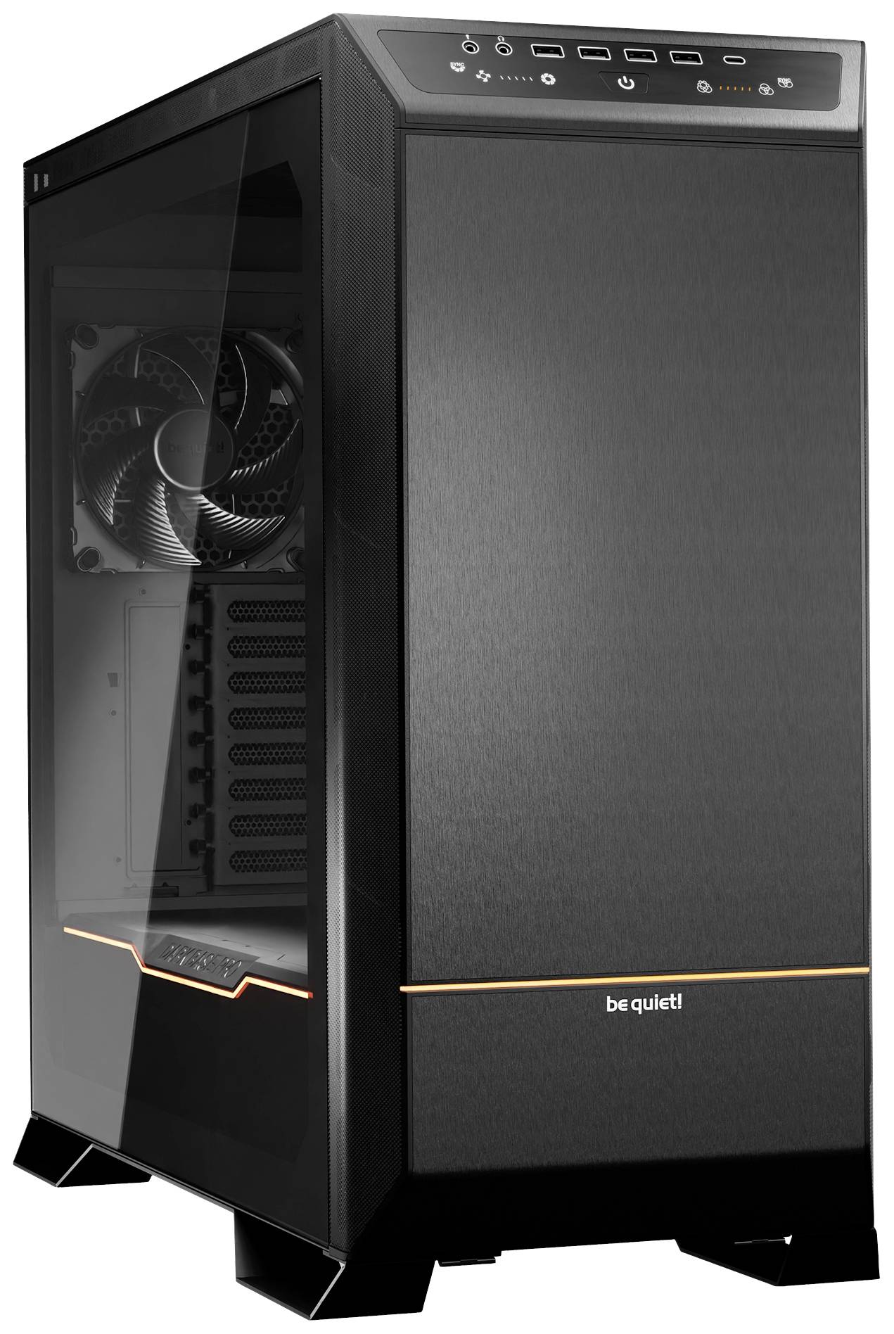 Involucro per computer nero 'be quiet!' con pannello laterale trasparente, che mostra i ventilatori interni e un design minimalista.