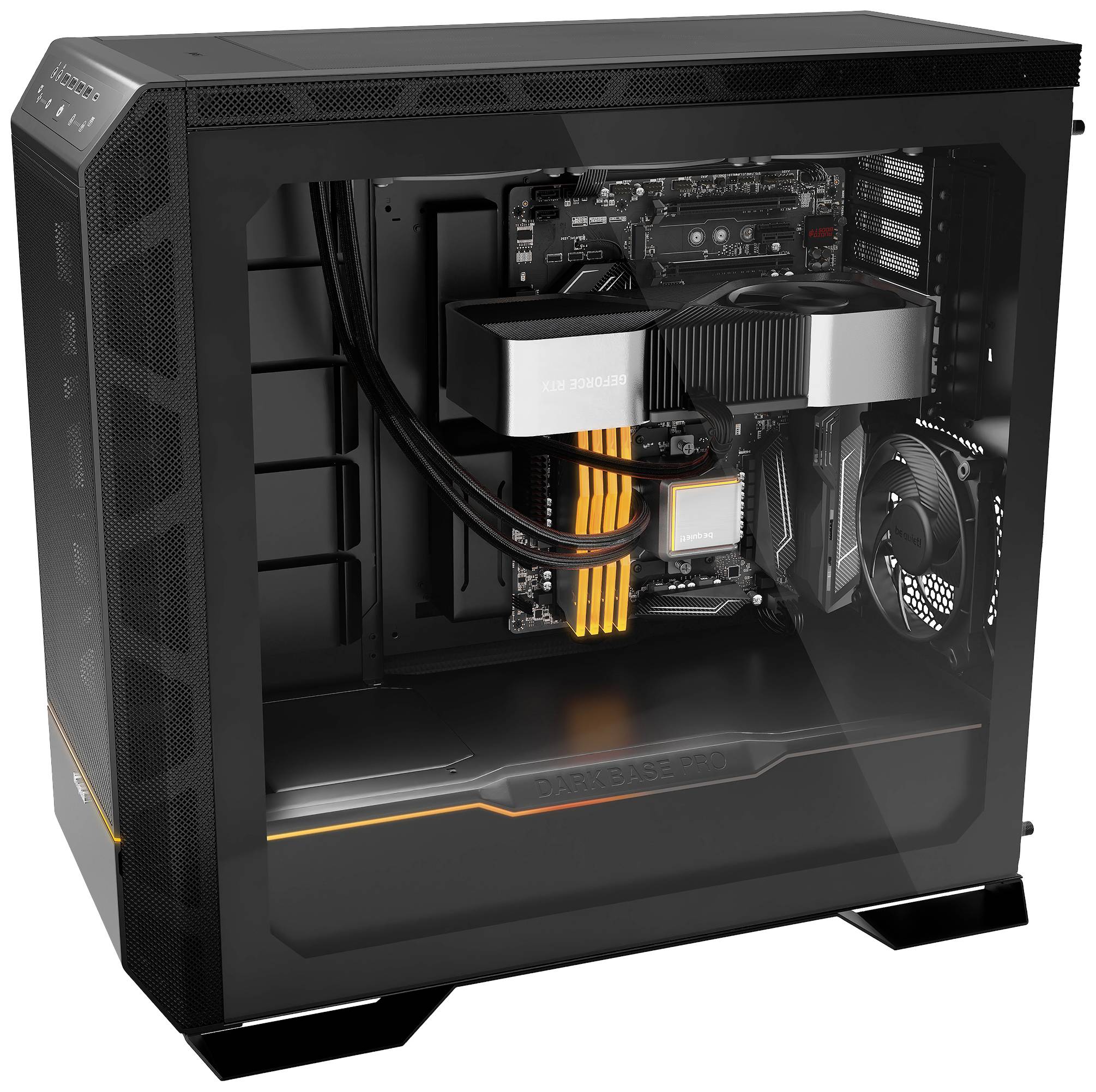 Un case di computer aperto mostra l'interno con un dissipatore di calore, una scheda grafica e cavi. I componenti sono disposti con cura.