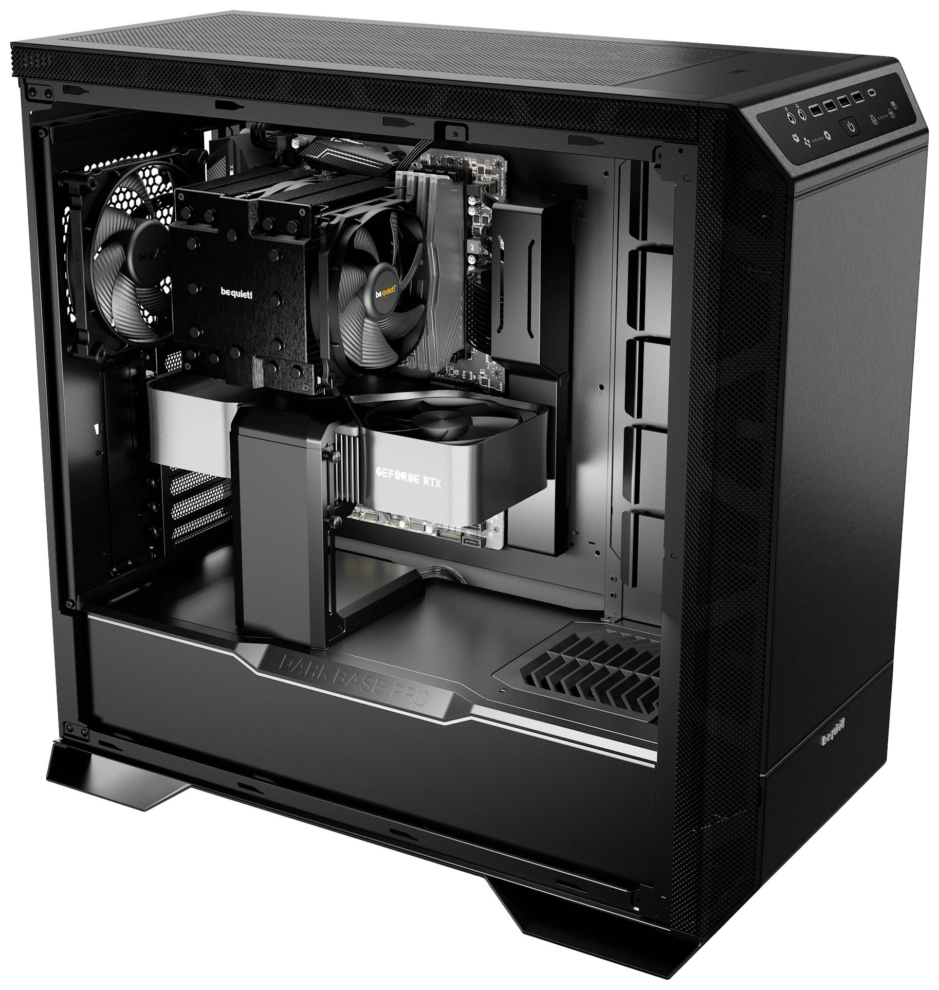 Case per PC da gaming con pannello laterale aperto, che mostra GPU, dissipatore della CPU e gestione dei cavi. Nero, moderno e ben ventilato.