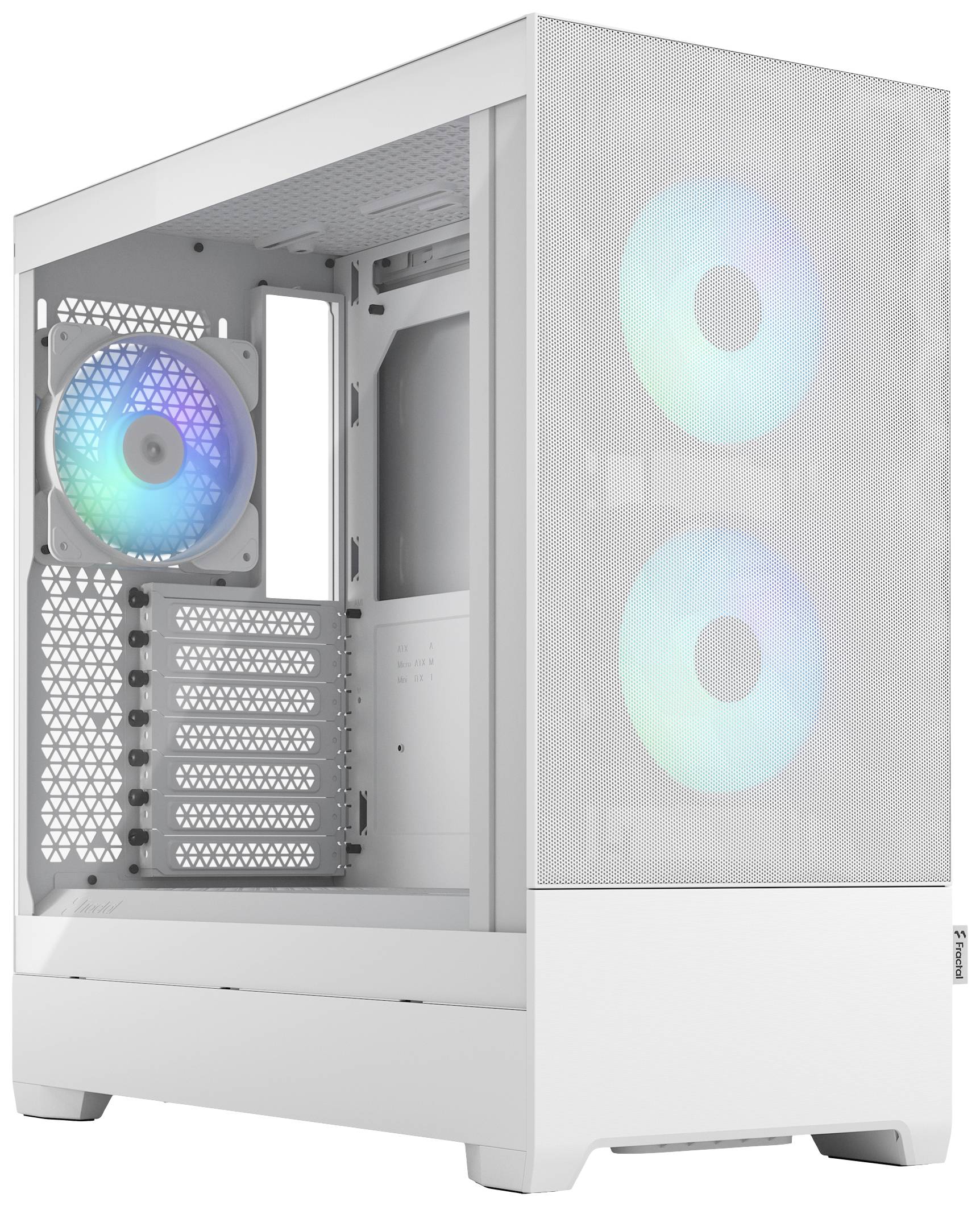 Custodia per PC bianca con ventola laterale e due ventole frontali che brillano in modo colorato; adatta per assemblaggio del computer e circolazione dell'aria.