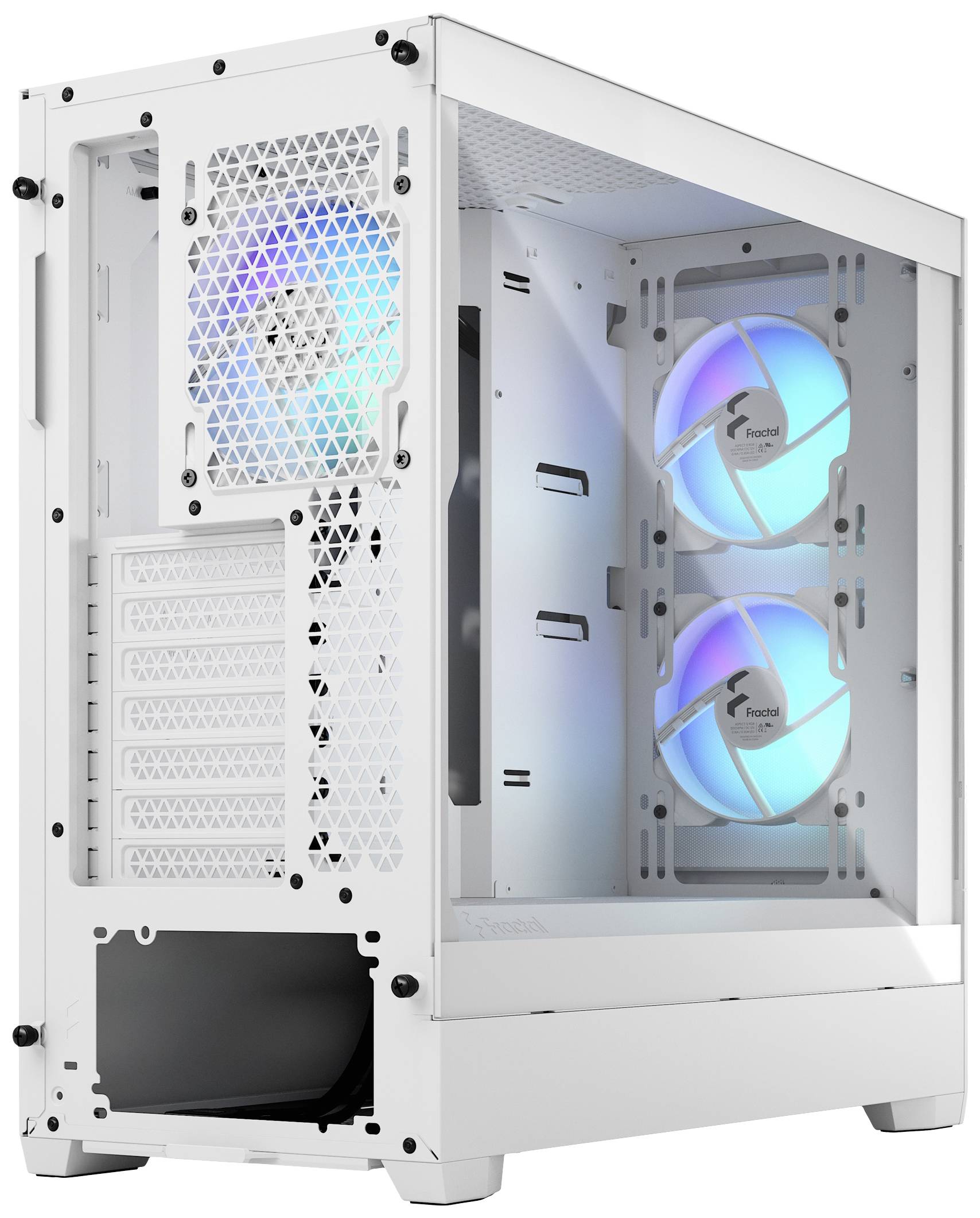 Un case per computer bianco con pannello laterale trasparente mostra due ventole illuminate all'interno, che brillano di blu e viola.