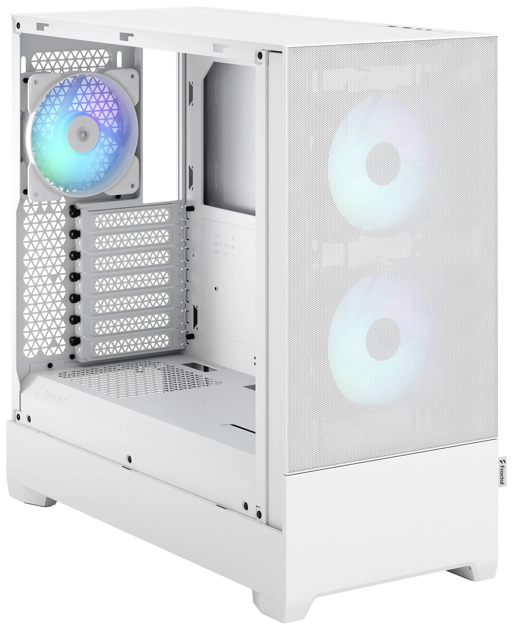 Case per computer bianco con due ventole anteriori illuminanti e una posteriore. Molto spazio e numerose aperture di ventilazione presenti.