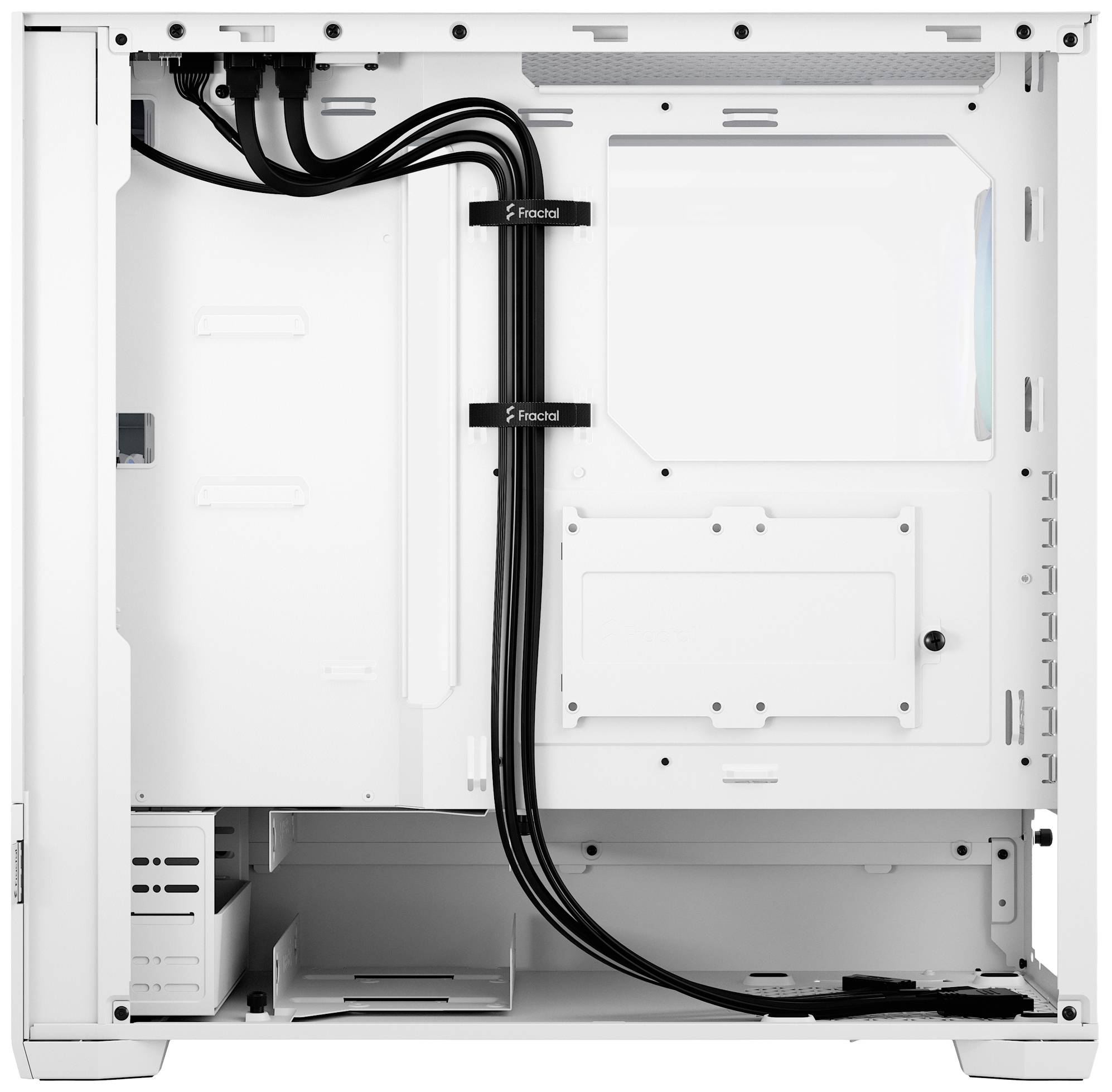 Un case per computer bianco senza componenti, con visibili passaggi per la gestione dei cavi e spazi liberi per il montaggio della scheda madre e delle unità.
