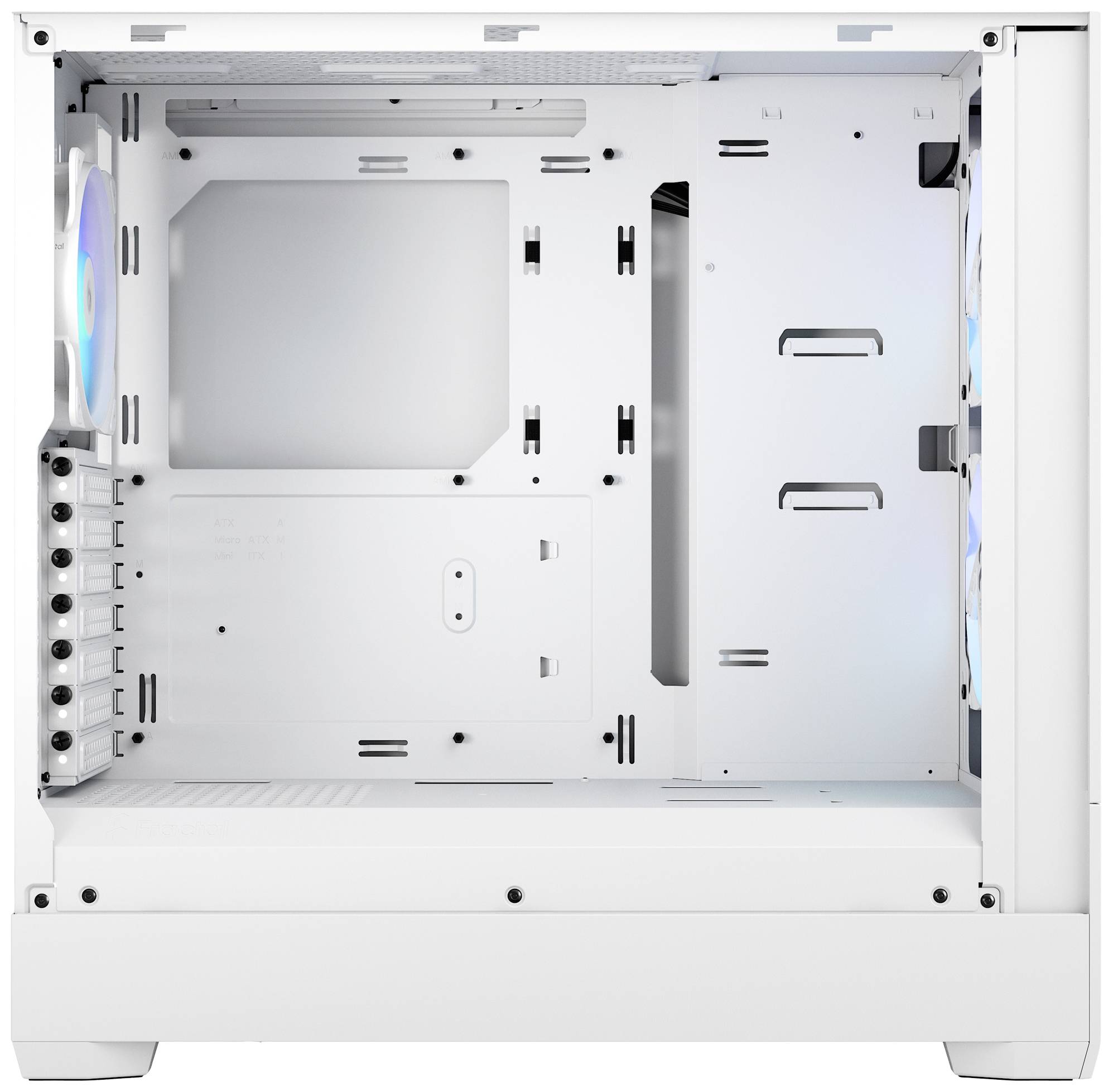 Custodia per computer bianca con interno aperto. Spazio per più ventole, hard disk e gestione dei cavi. Ideale per progetti di assemblaggio PC.