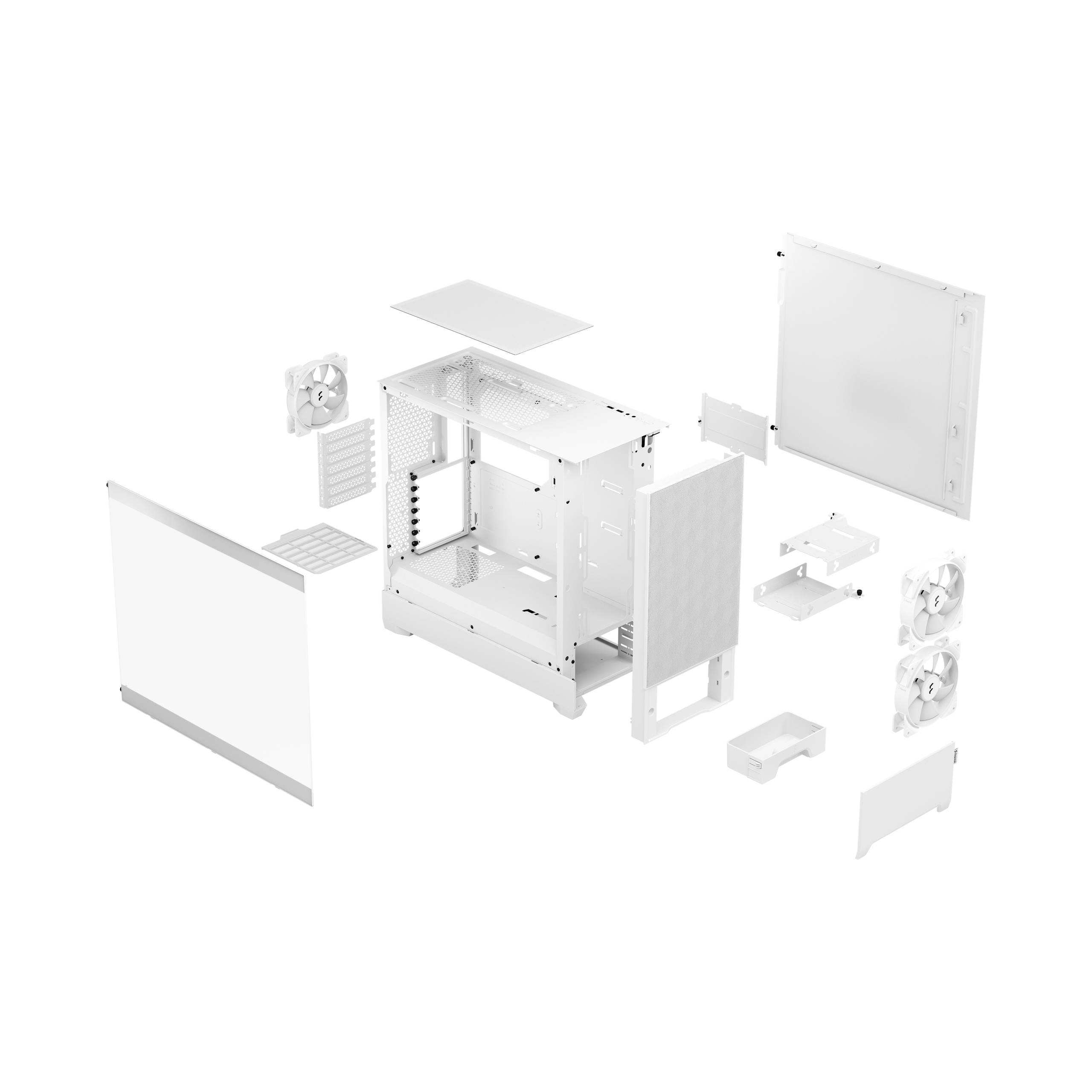 Vista esplosa di un case per PC bianco con pannelli laterali rimossi, ventole e componenti aggiuntivi che mostrano le diverse parti.